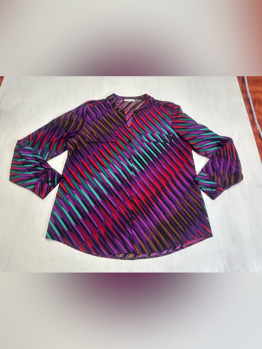 Calvin Klein Women’s L Purple Abstract Semi Sheer Button Front Blouse Top - Picture 2 of 11